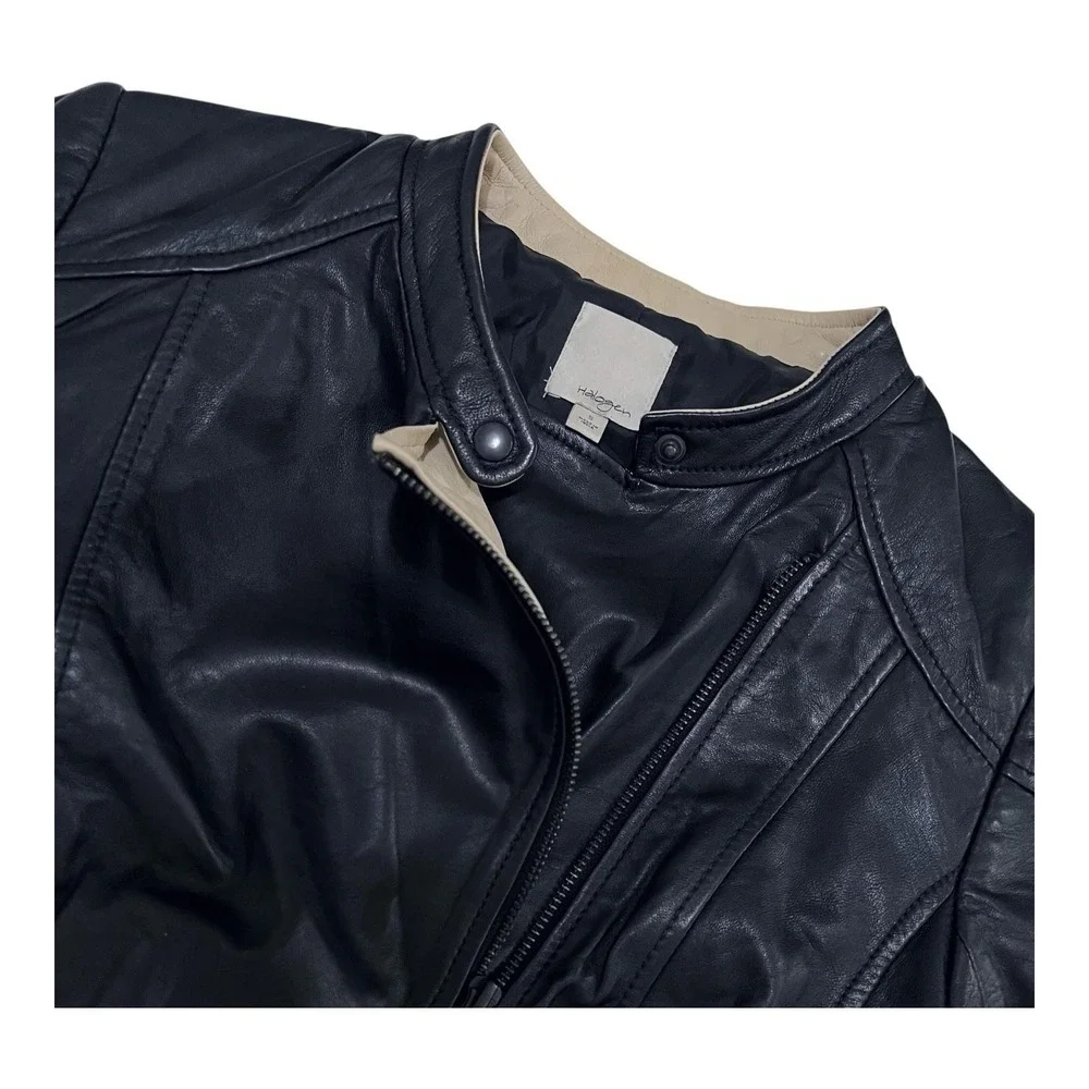 HALOGEN‎ Black Soft Leather Moto Jacket Cropped Fit Womens Small RETAIL $378